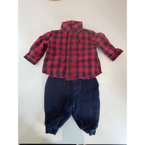 Polo Ralph Lauren Baby Boy 2 Piece Outfit Buffalo Check Shirt and Joggers Sz 3M